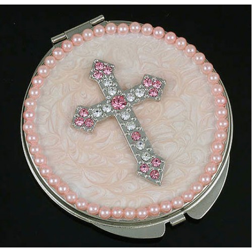 Pocket Mirror - Rhinestone Cross - Pink -MR-GM1255PN